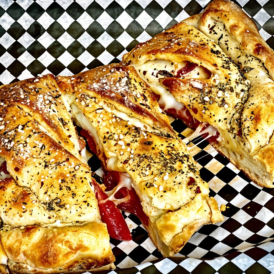 Sliced pepperoni and cheese stromboli with herbs and parmesan, served on checkered paper.