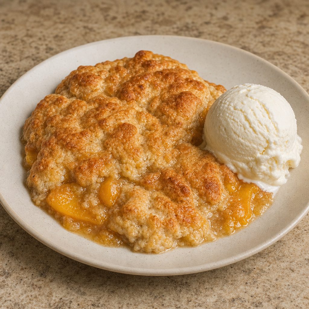 Peach Cobbler With One Scoop Ice Cream.