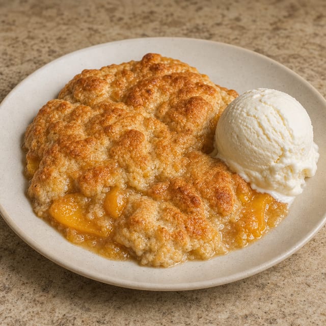 Peach Cobbler With One Scoop Ice Cream.